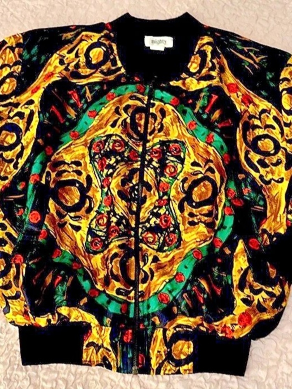 Vtg mighty Abstract Print Bomber Jacket in Gold & Green Like New size L